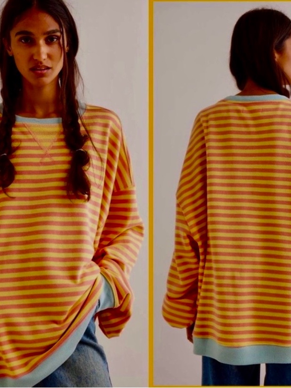 Free People Oversized Striped Sweatshirt in Orange, Pink & Light Blue